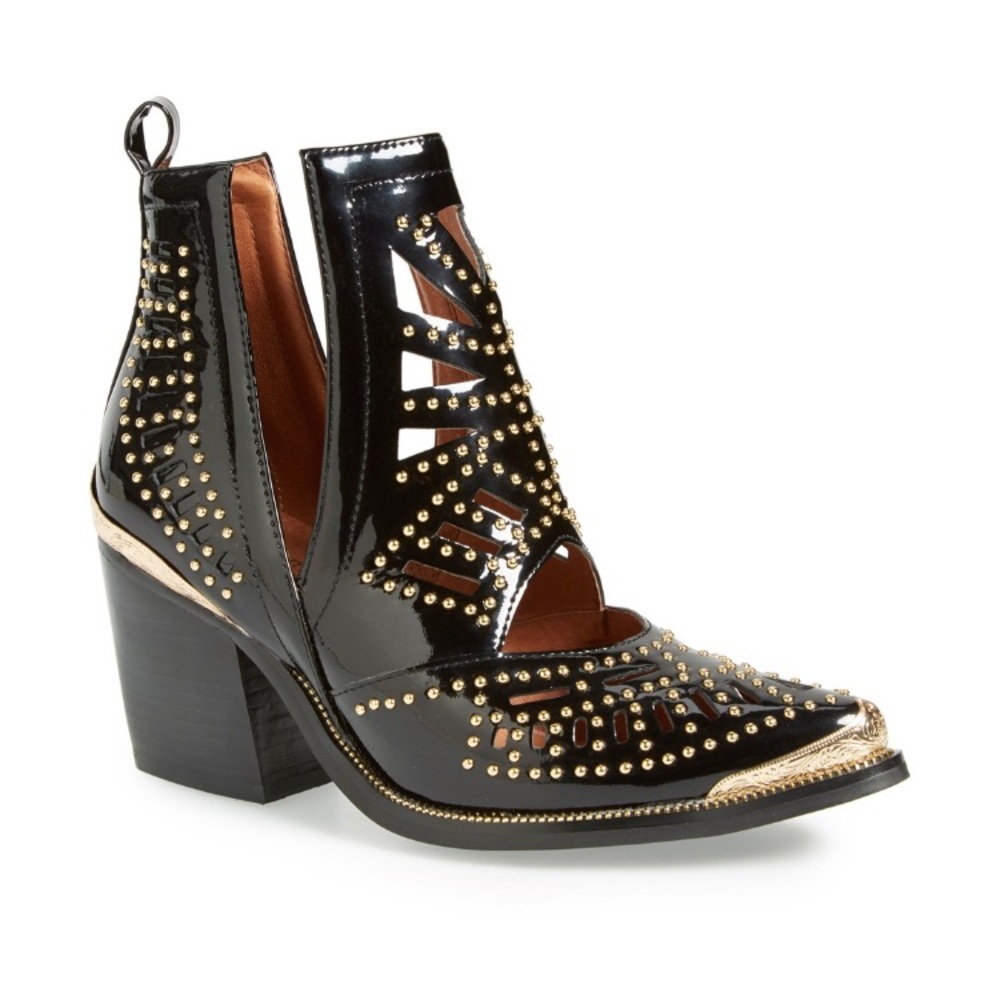Jeffrey Campbell Black Patent Studded Cutout Ankle Booties with Gold Trim